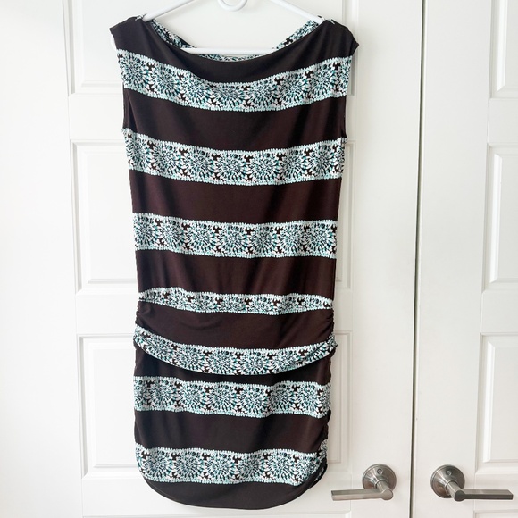 BCBGMaxAzria Brown Dress with Teal & White Design. Rouched on sides. Size S - Picture 1 of 8